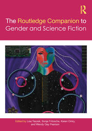 Cover of Routledge Companion to Gender and SF. Title on pink backdrop. Pink and teal genderneutral head with purple backdrop and starry sky behind. With purple and pink circles and pearls.